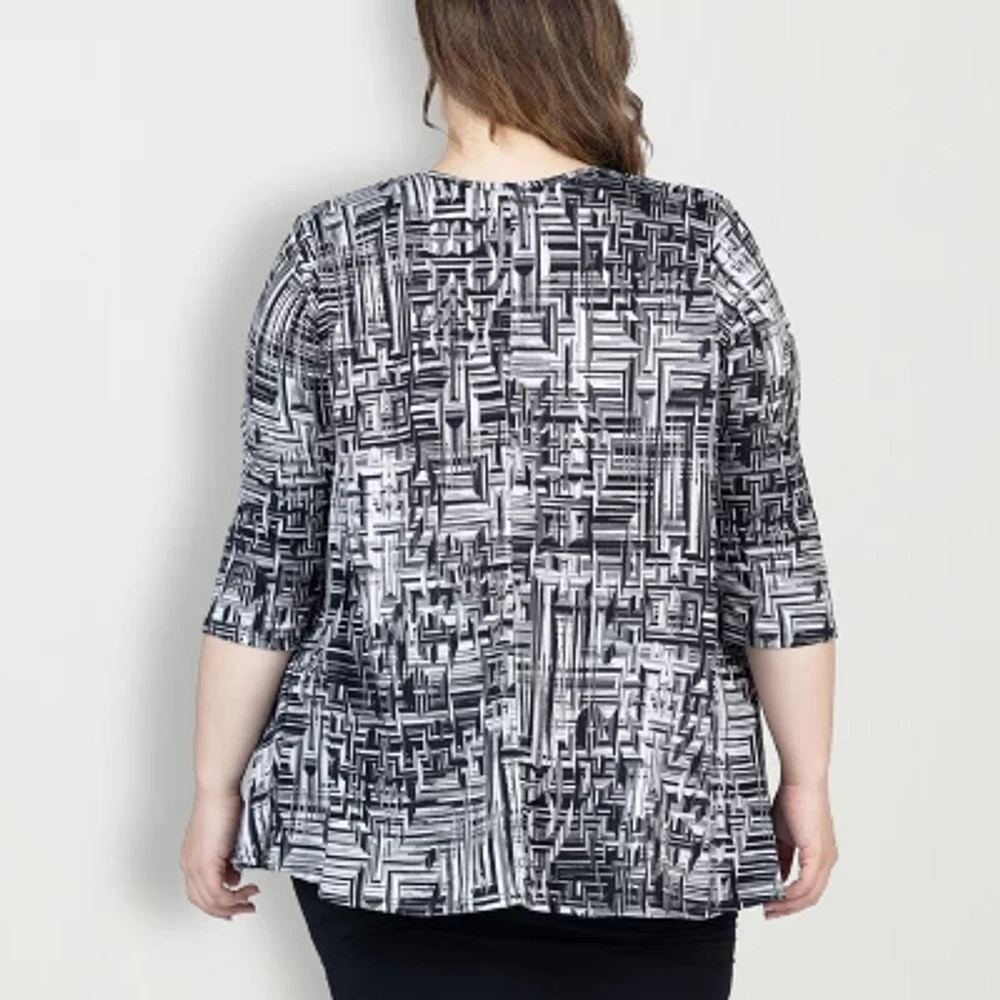 24seven Comfort Apparel Womens Elbow Sleeve Open Front Plus Geometric Cardigan