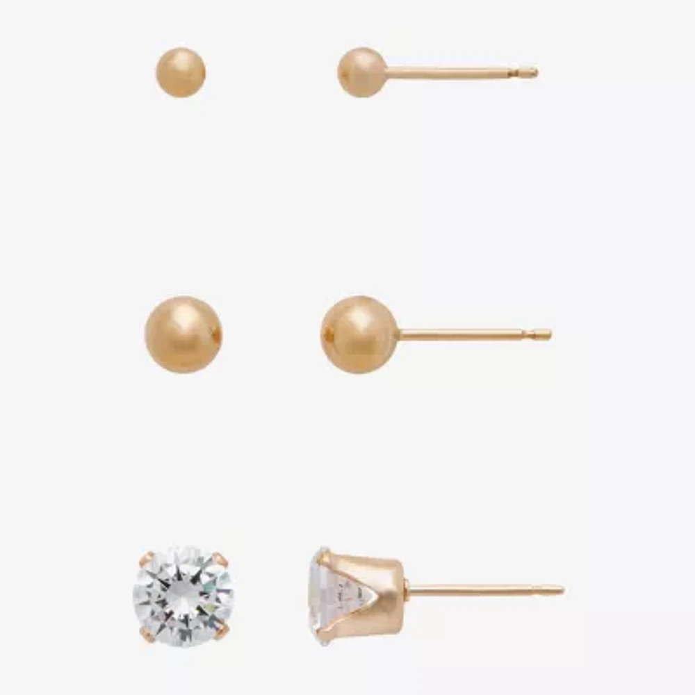 Gold Theory Womens Cubic Zirconia Round 3 Pair Earring Set