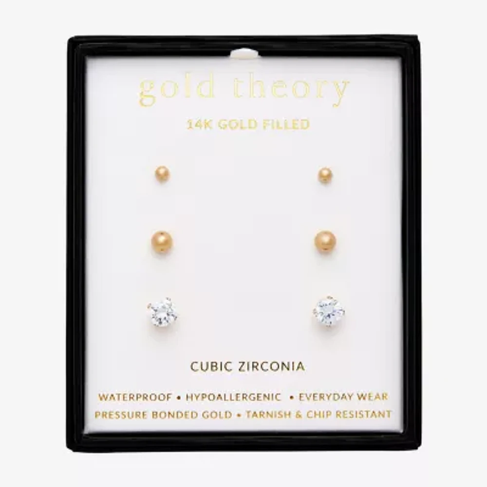 Gold Theory Womens Cubic Zirconia Round 3 Pair Earring Set