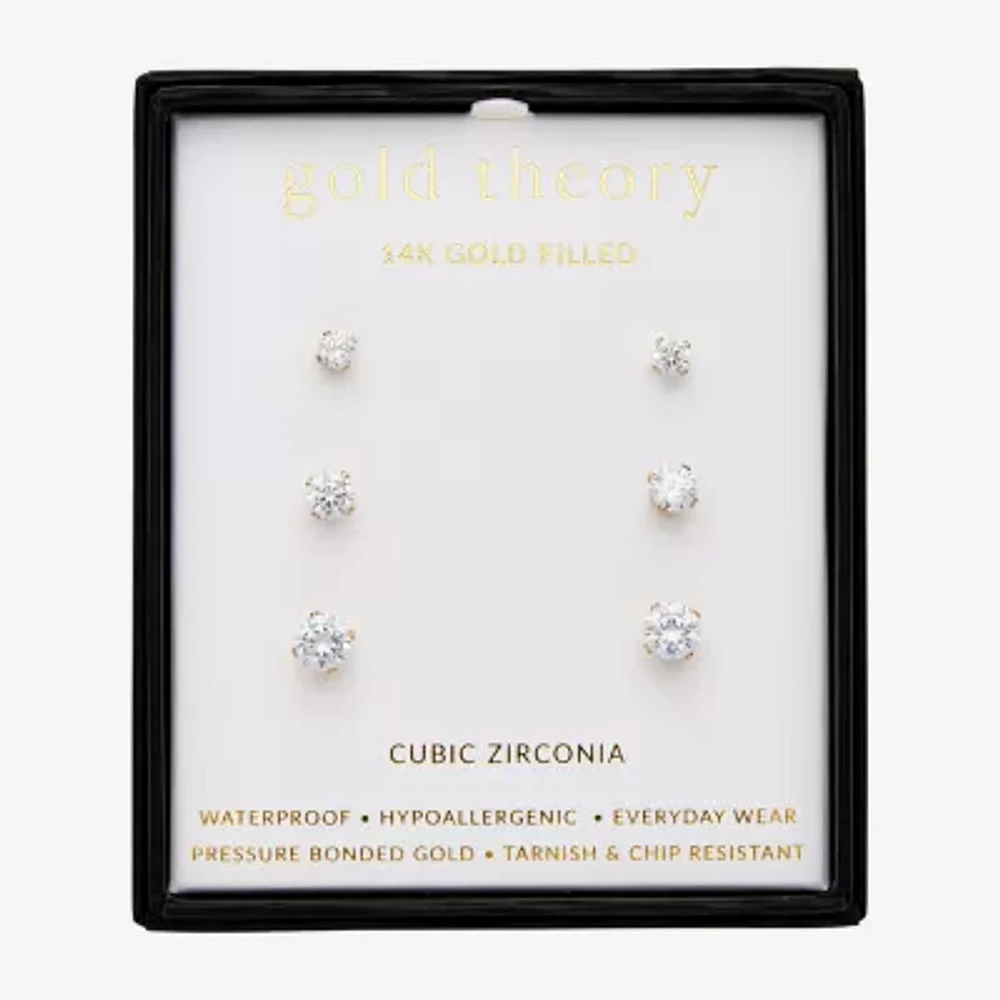 Gold Theory Womens Cubic Zirconia Round 3 Pair Earring Set