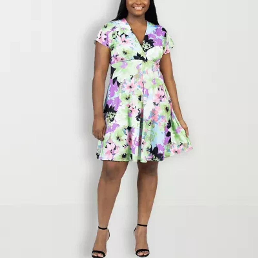 24seven Comfort Apparel Womens Short Sleeve Floral Plus A-Line Dress