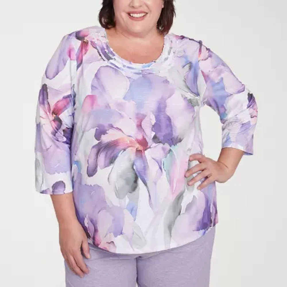 Alfred Dunner Crystal Springs Womens Crew Neck 3/4 Sleeve Plus T-Shirt