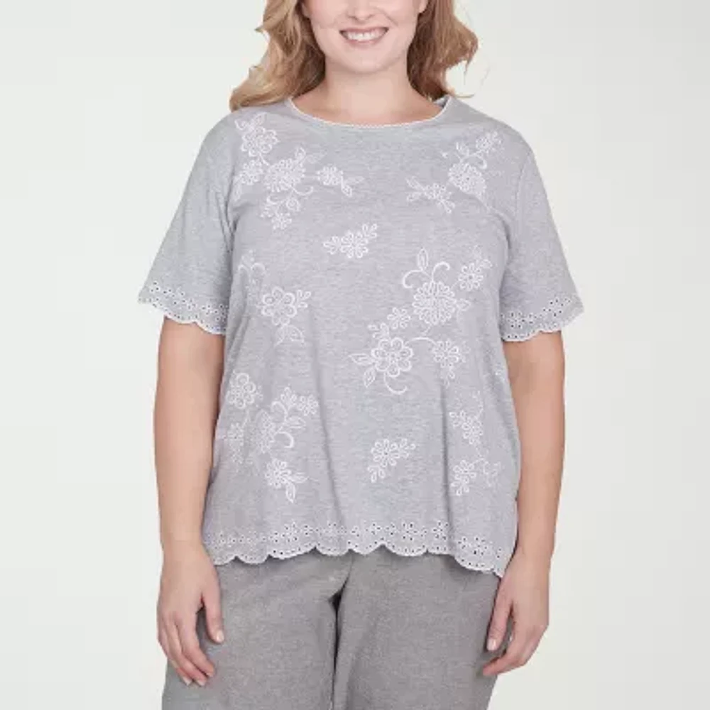 Alfred Dunner Crystal Springs Womens Crew Neck Short Sleeve Plus T-Shirt