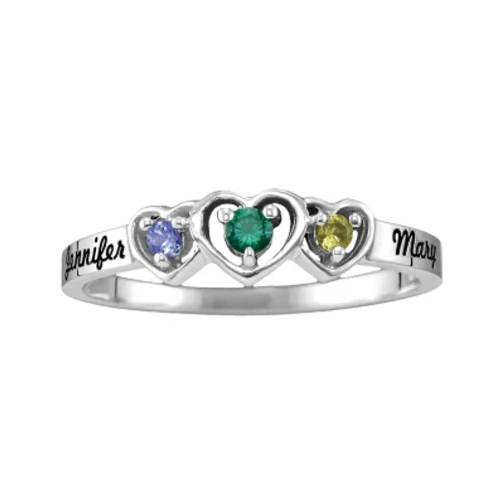 Personalized Womens Genuine Sterling Silver Heart 3-Stone Cocktail Ring
