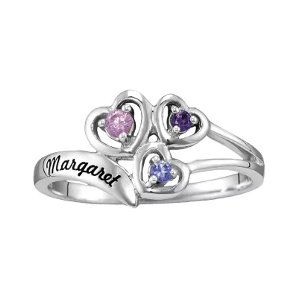 Personalized Womens Genuine Sterling Silver Heart 3-Stone Cocktail Ring