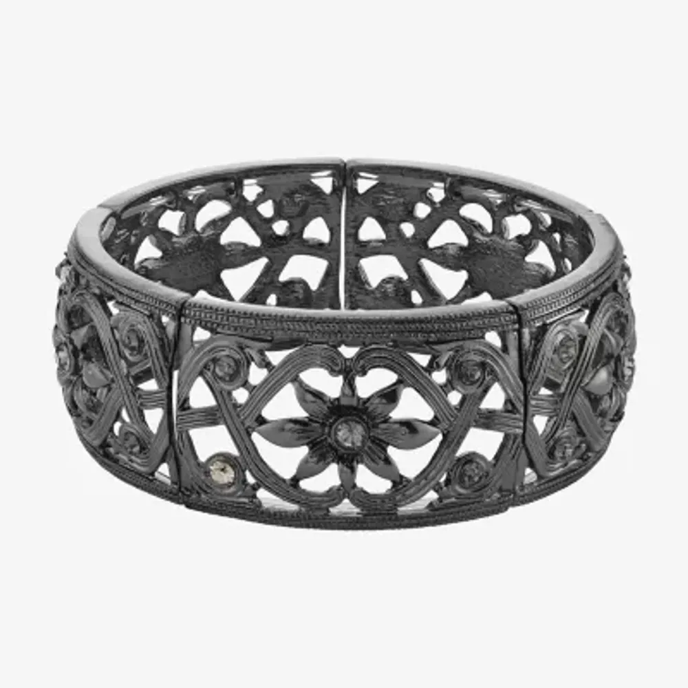1928 Black Tone Womens Black Flower Stretch Bracelet