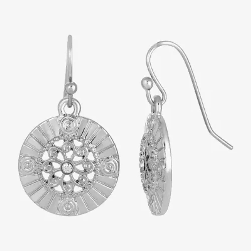 1928 Silver-Tone Womens Crystal Round Drop Earrings