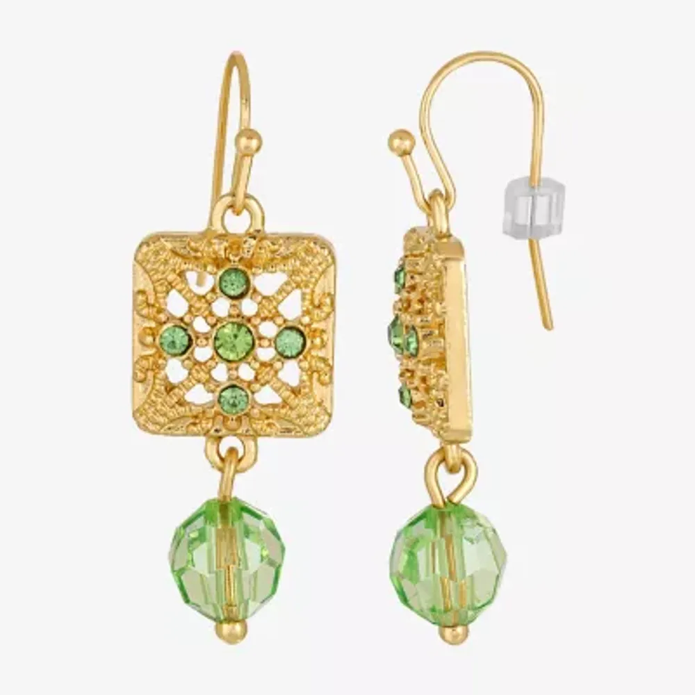 1928 Gold-Tone Womens Green Crystal Square Drop Earrings