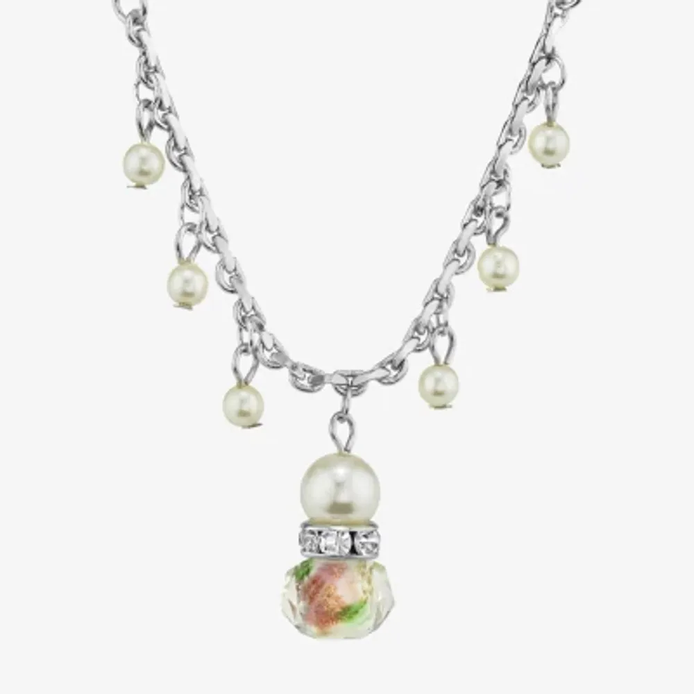 1928 Silver-Tone Womens White 16 Inch Beaded Necklace