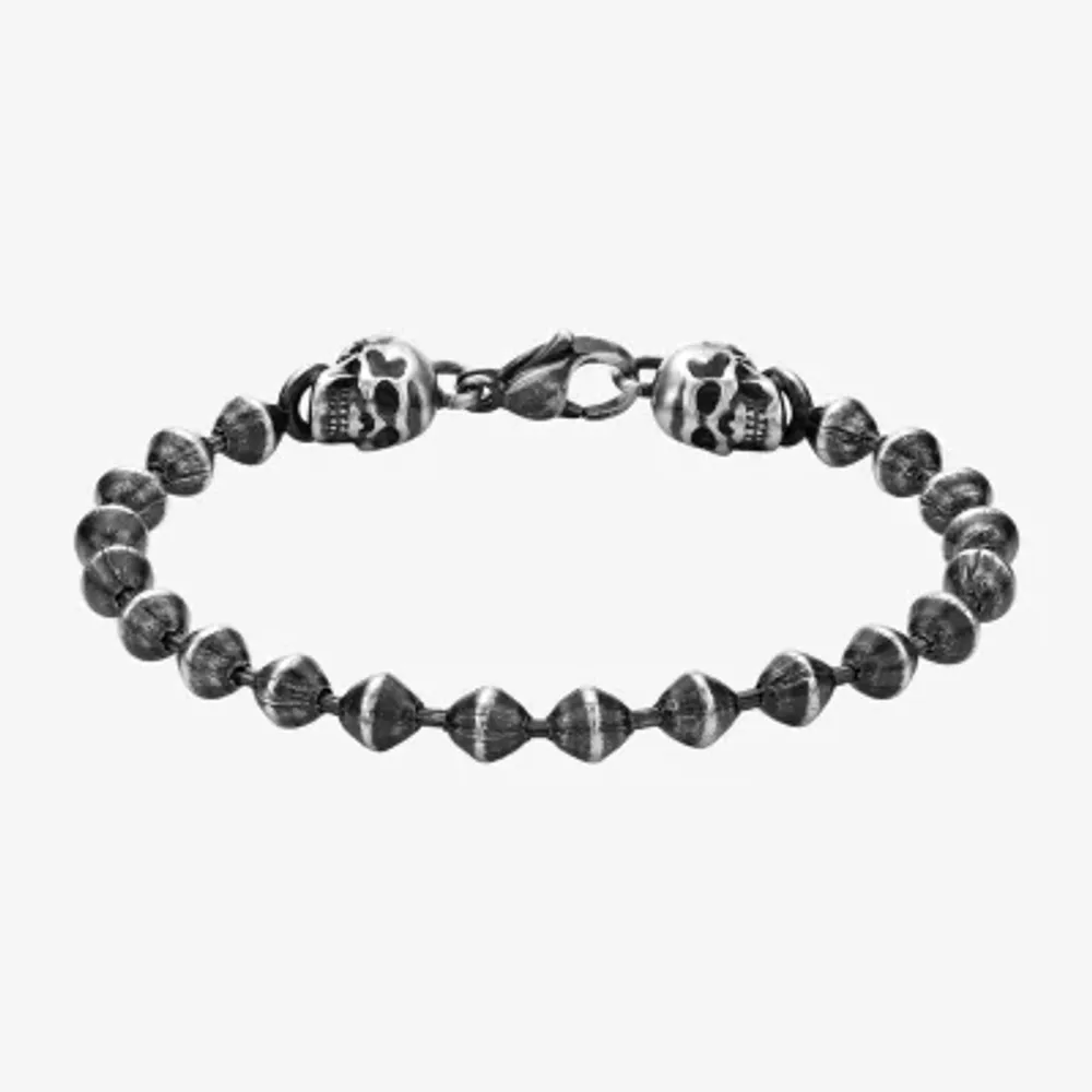 Mens Stainless Steel Skull Beaded Bracelet