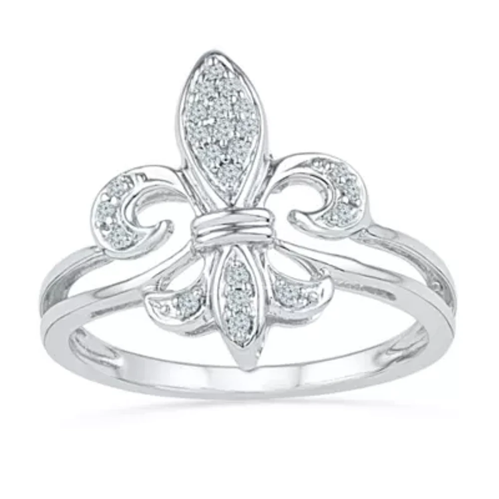 Womens 1/8 CT. T.W. Natural White Diamond Sterling Silver Fleur De Lis Cocktail Ring