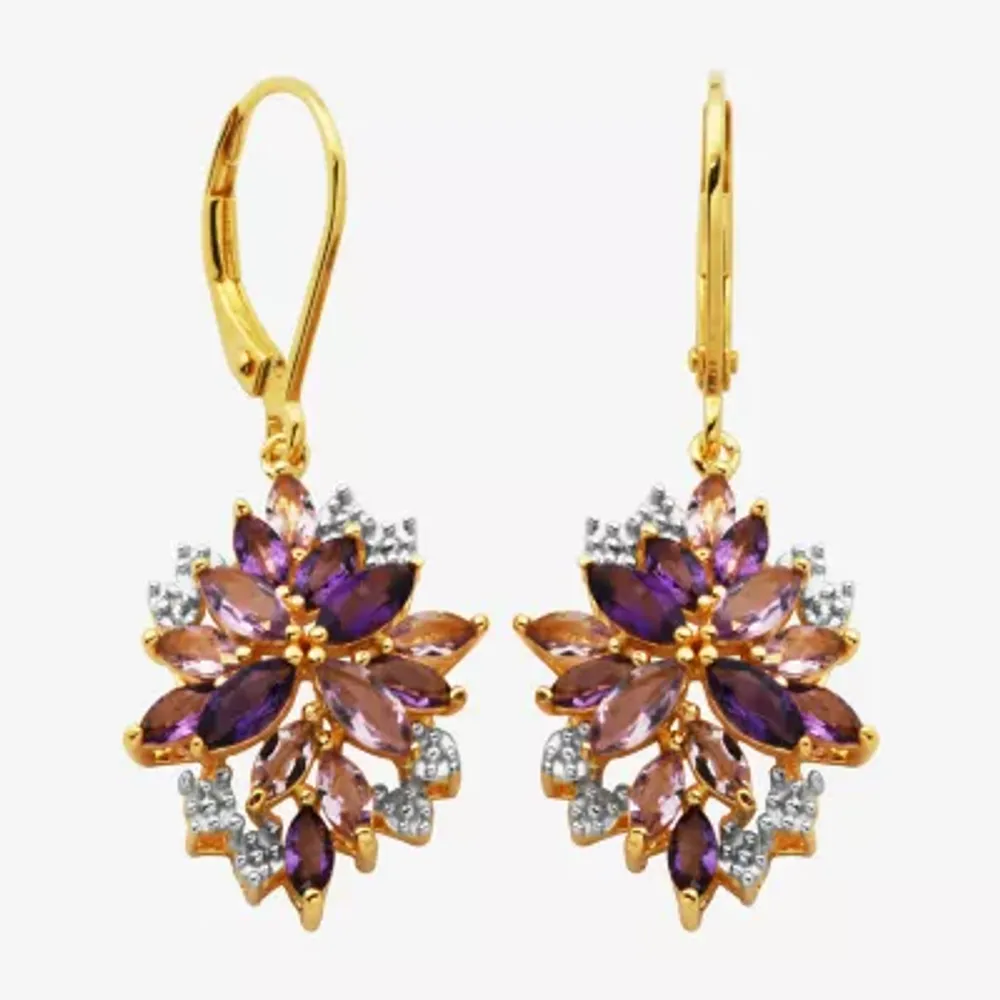 Womens Genuine Purple Amethyst 14K Gold Over Silver Drop Earrings