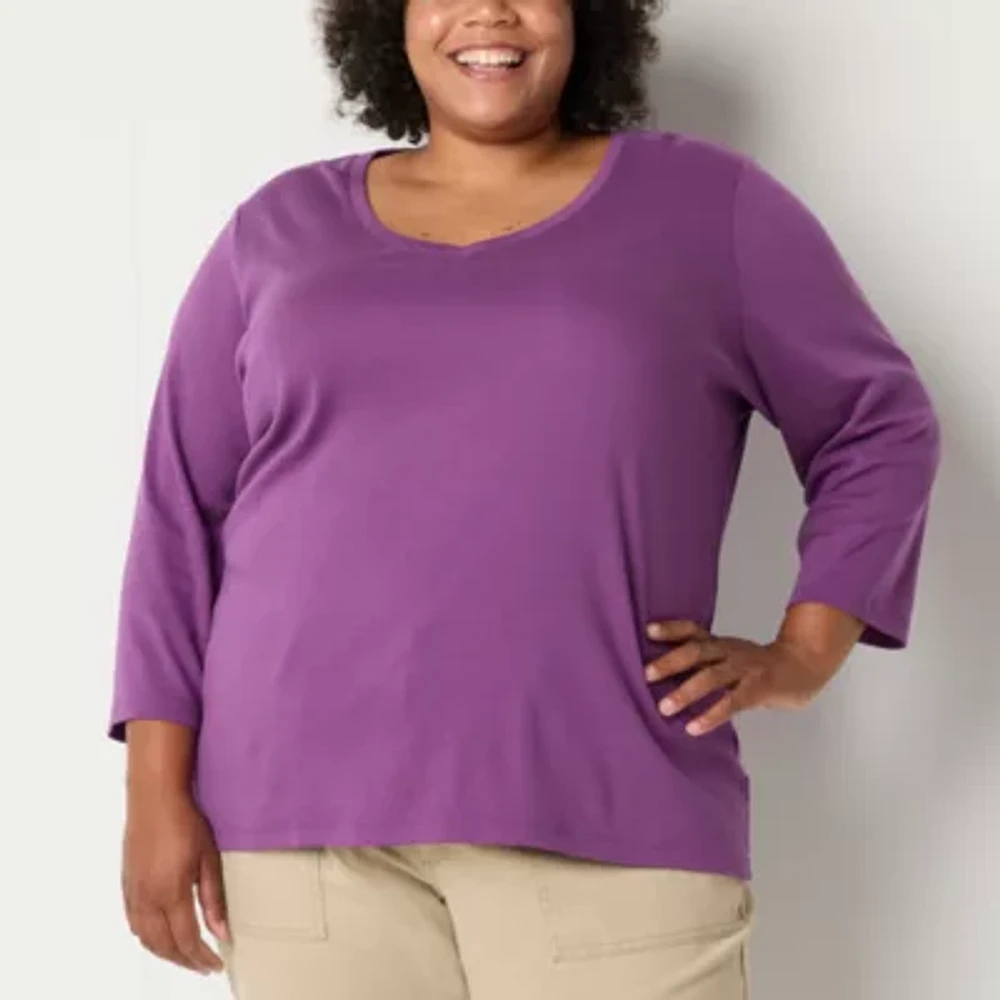St. John's Bay Womens V Neck 3/4 Sleeve Plus T-Shirt