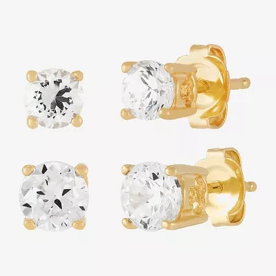 Womens Cubic Zirconia 18K Gold Over Silver Round 2 Pair Earring Set