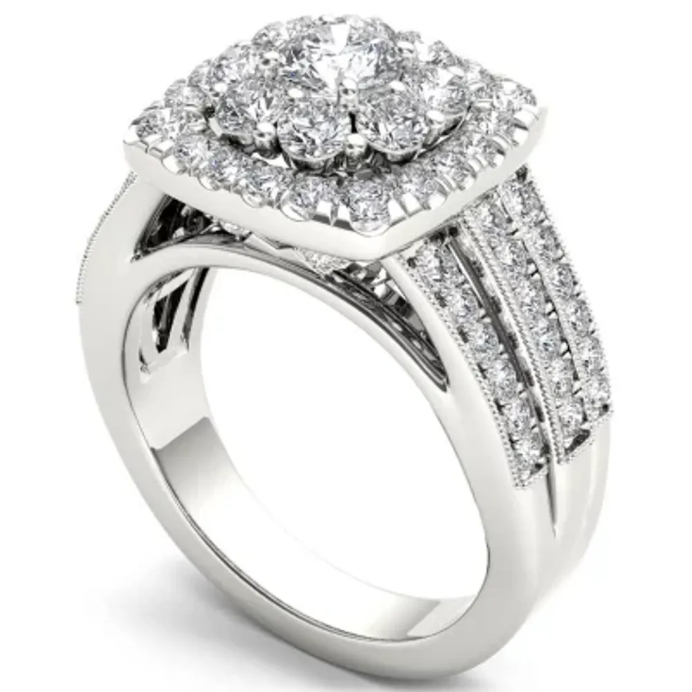 Womens 2 CT. T.W. Natural White Diamond 14K Gold Cushion Side Stone Engagement Ring