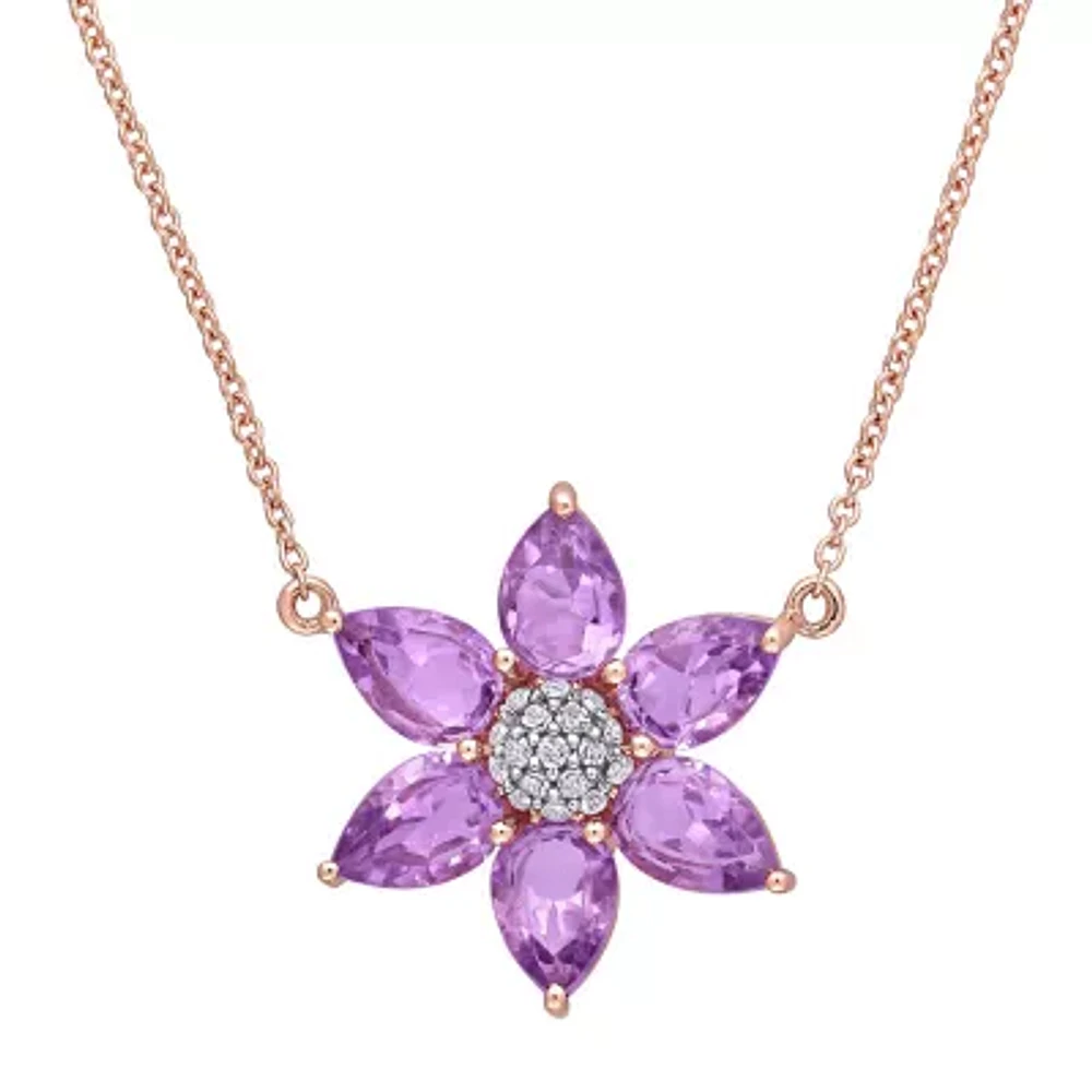 Womens Diamond Accent Genuine Purple Amethyst 10K Rose Gold Flower 17 Inch Pendant Necklace