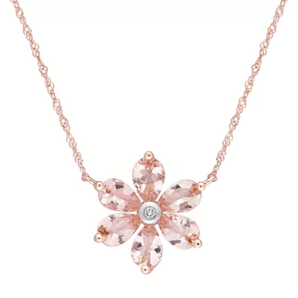 Womens Diamond Accent Genuine Pink Morganite 10K Rose Gold Flower 17 Inch Pendant Necklace