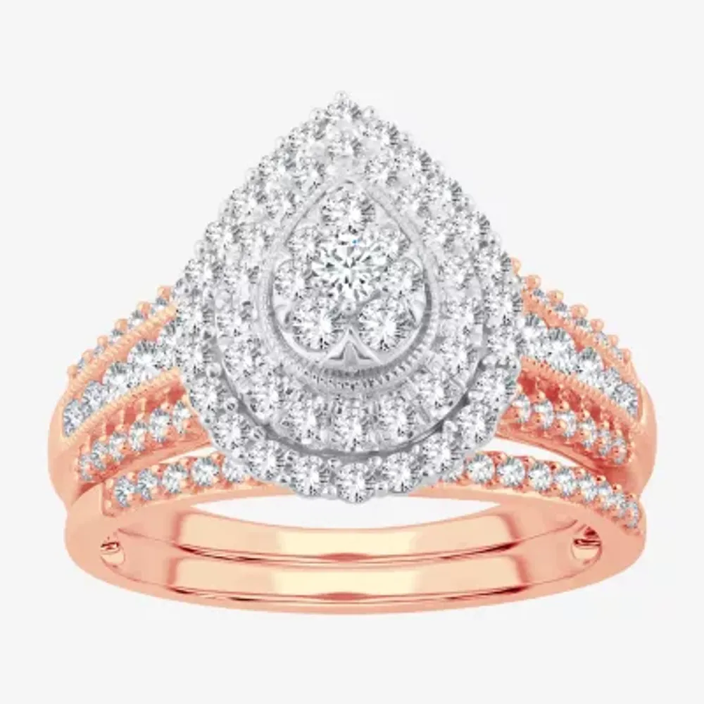 Womens 1 CT.T.W. Natural Diamond 10K or 14K White Gold Pear Halo Bridal Set