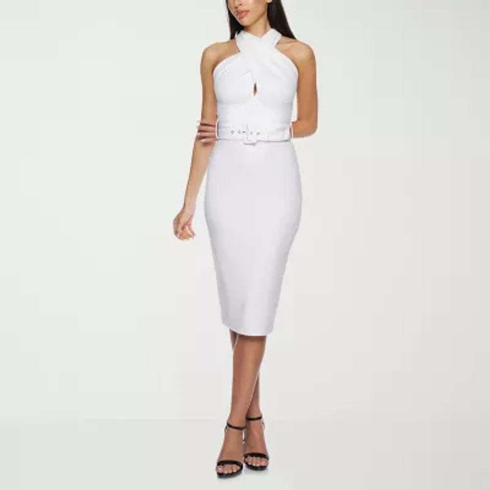 Premier Amour Womens Belted Sleeveless Midi Sheath Dress