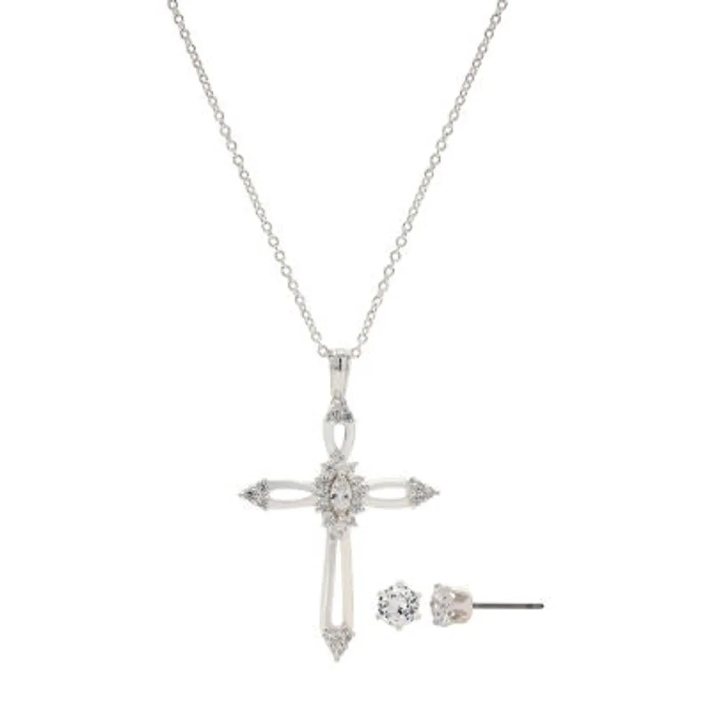 Sparkle Allure Womens White Cubic Zirconia Pure Silver Over Brass Cross 2-pc. Jewelry Set