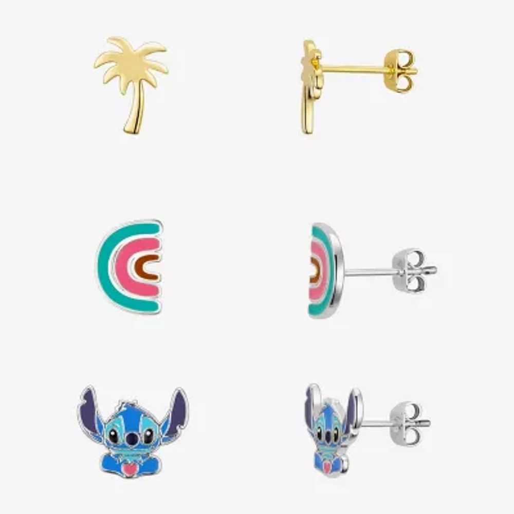 Disney Classics Palm Tree And Rainbow Womens 10K Gold Over Brass Lilo & Stitch 3 Pair Earring Set