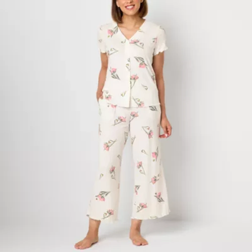 Liz Claiborne Womens Rib V-Neck Short Sleeve 2-pc. Pajama Sets