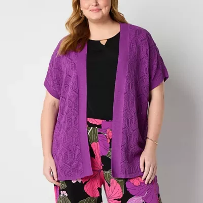 Liz Claiborne Womens Short Sleeve Open Front Plus Cardigan