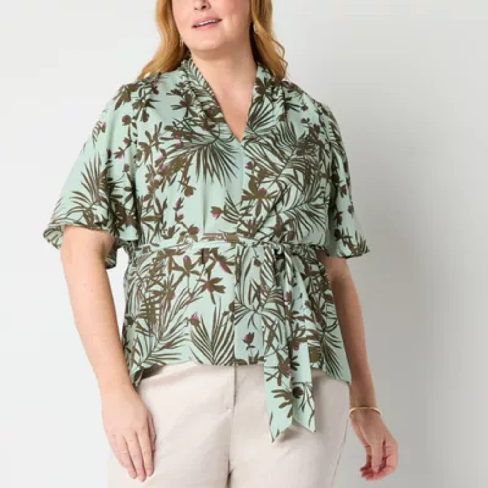 Liz Claiborne Womens V Neck Short Sleeve Satin Plus Blouse
