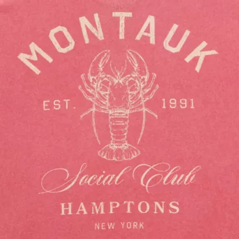 New World Montauk Hamptons Social Club Oversized Tee Womens Crew Neck Short Sleeve Loose Fit Juniors Graphic T-Shirt