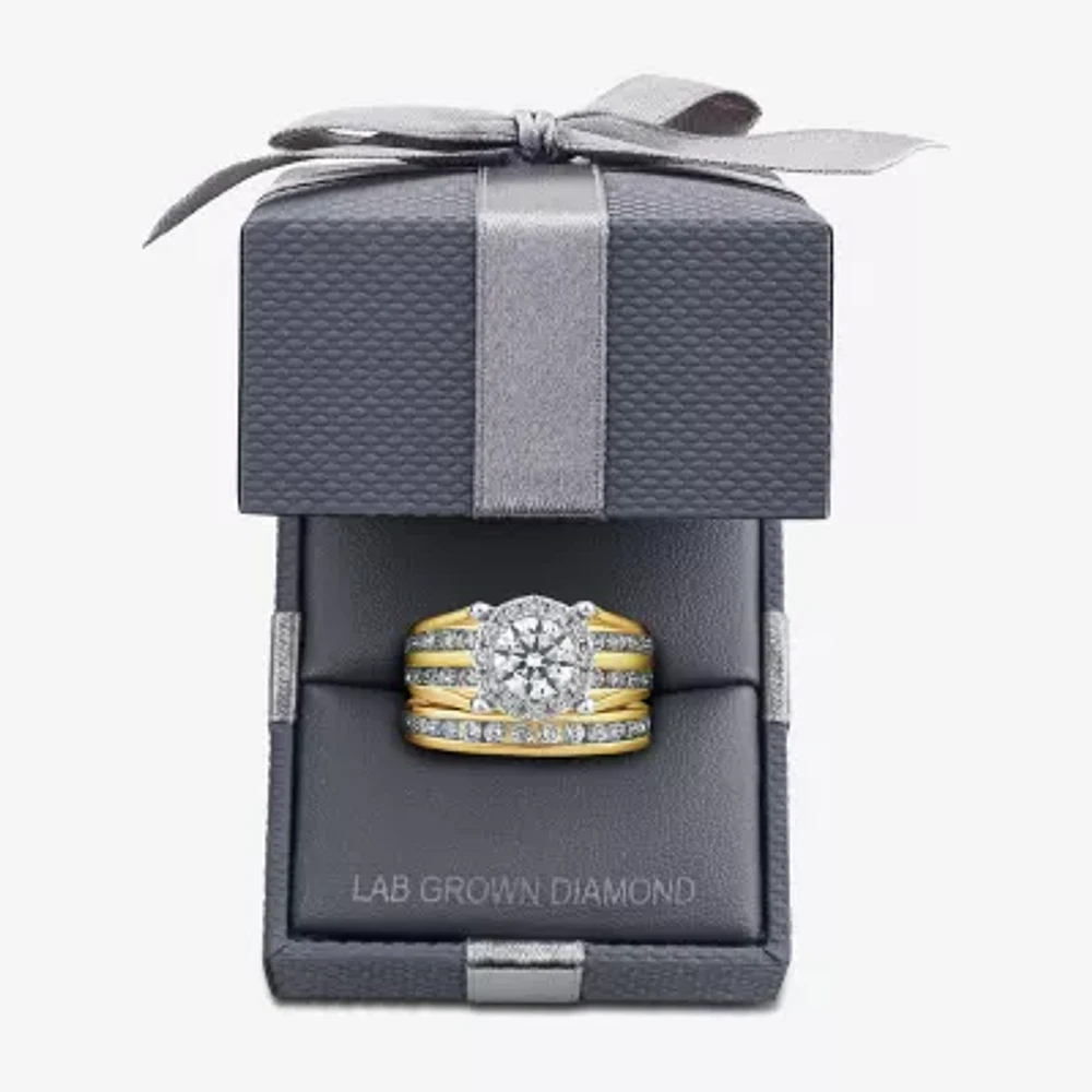 (G / Si1-Si2) Womens 3 CT. T.W. Lab Grown White Diamond 10K Gold Round Side Stone Halo Bridal Set