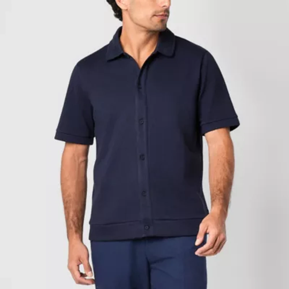 Stafford Button-Front Knit Mens Short Sleeve Regular Fit Button-Down Shirt