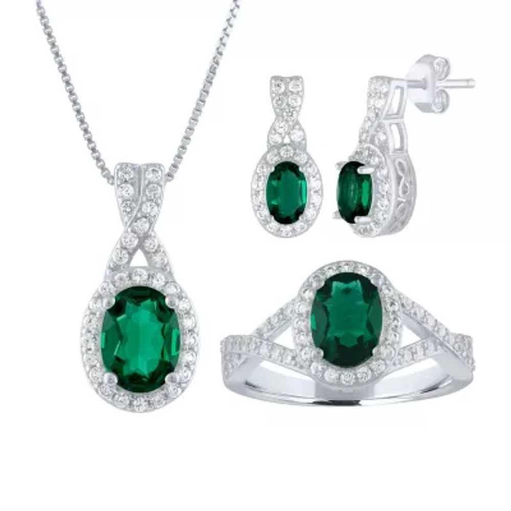 Womens Lab Created Green Emerald Sterling Silver Jewelry Set