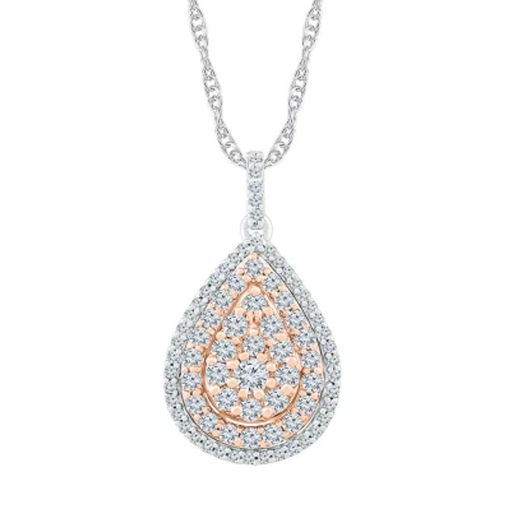 Womens 1 CT. T.W. Natural White Diamond 10K Two Tone Gold Pear 18 Inch Pendant Necklace