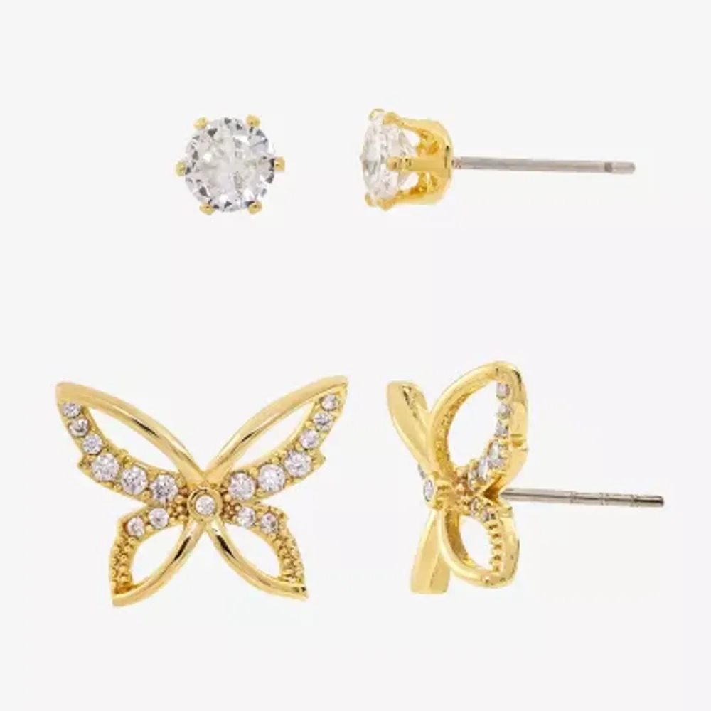 Sparkle Allure Womens Cubic Zirconia 14K Gold Over Brass Butterfly 2 Pair Earring Set
