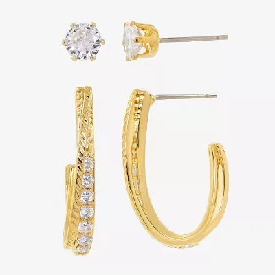 Sparkle Allure Womens Cubic Zirconia 14K Gold Over Brass 2 Pair Earring Set