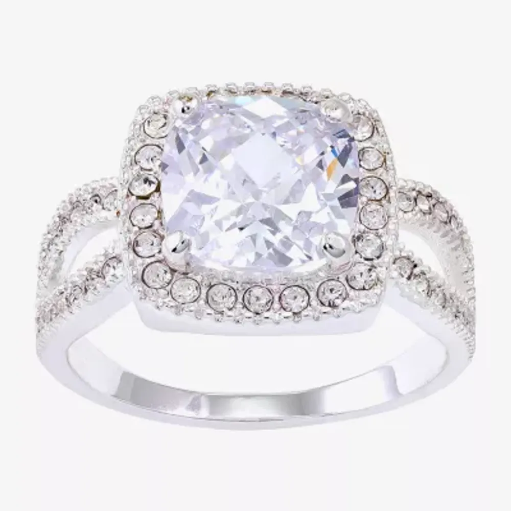 Sparkle Allure Split Shank Womens Cubic Zirconia Pure Silver Over Brass Cushion Halo Cocktail Ring