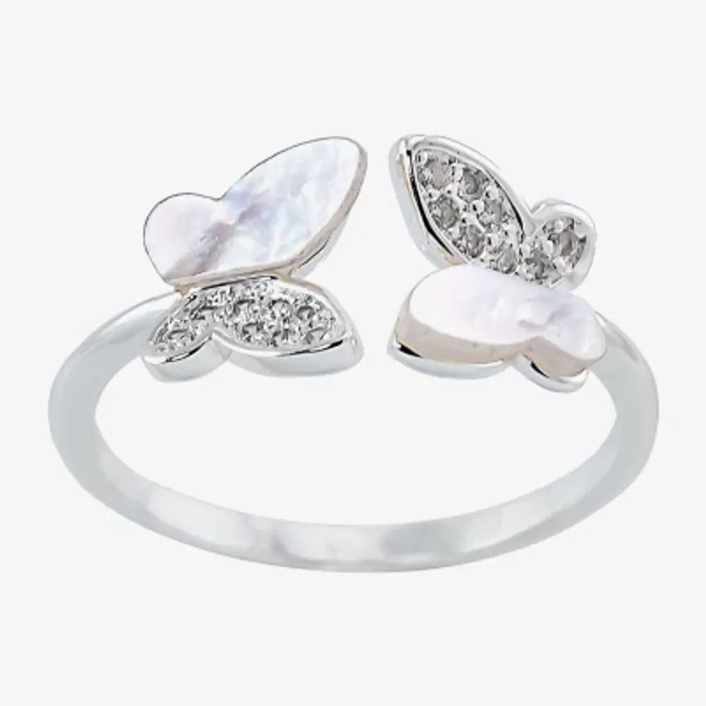 Sparkle Allure Bypass Womens White Mother Of Pearl Pure Silver Over Brass Butterfly Band