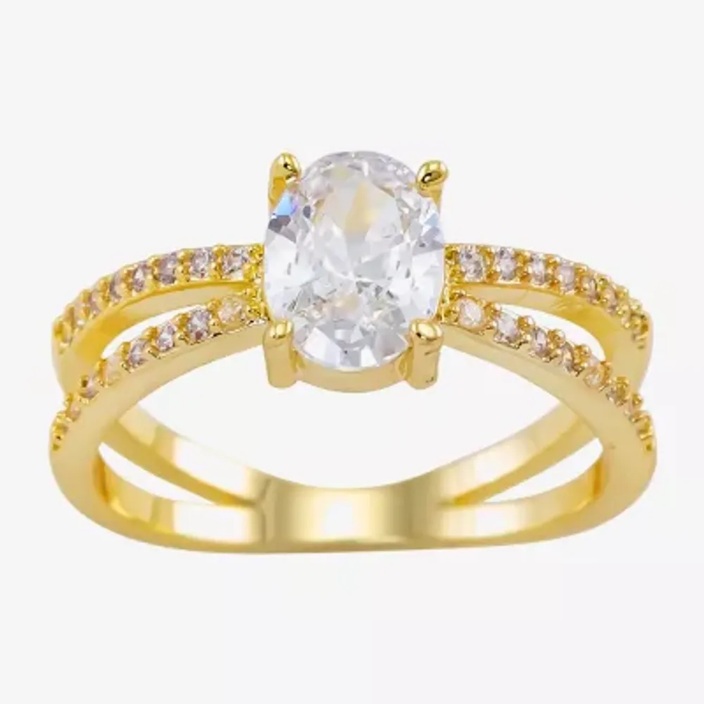 Sparkle Allure Crossover Split Shank Womens Cubic Zirconia 14K Gold Over Brass Oval Engagement Ring