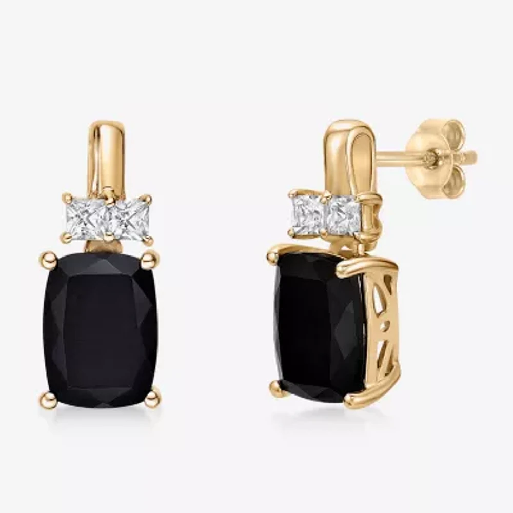 Womens Genuine Black Onyx 10K Gold Cushion Drop Earrings