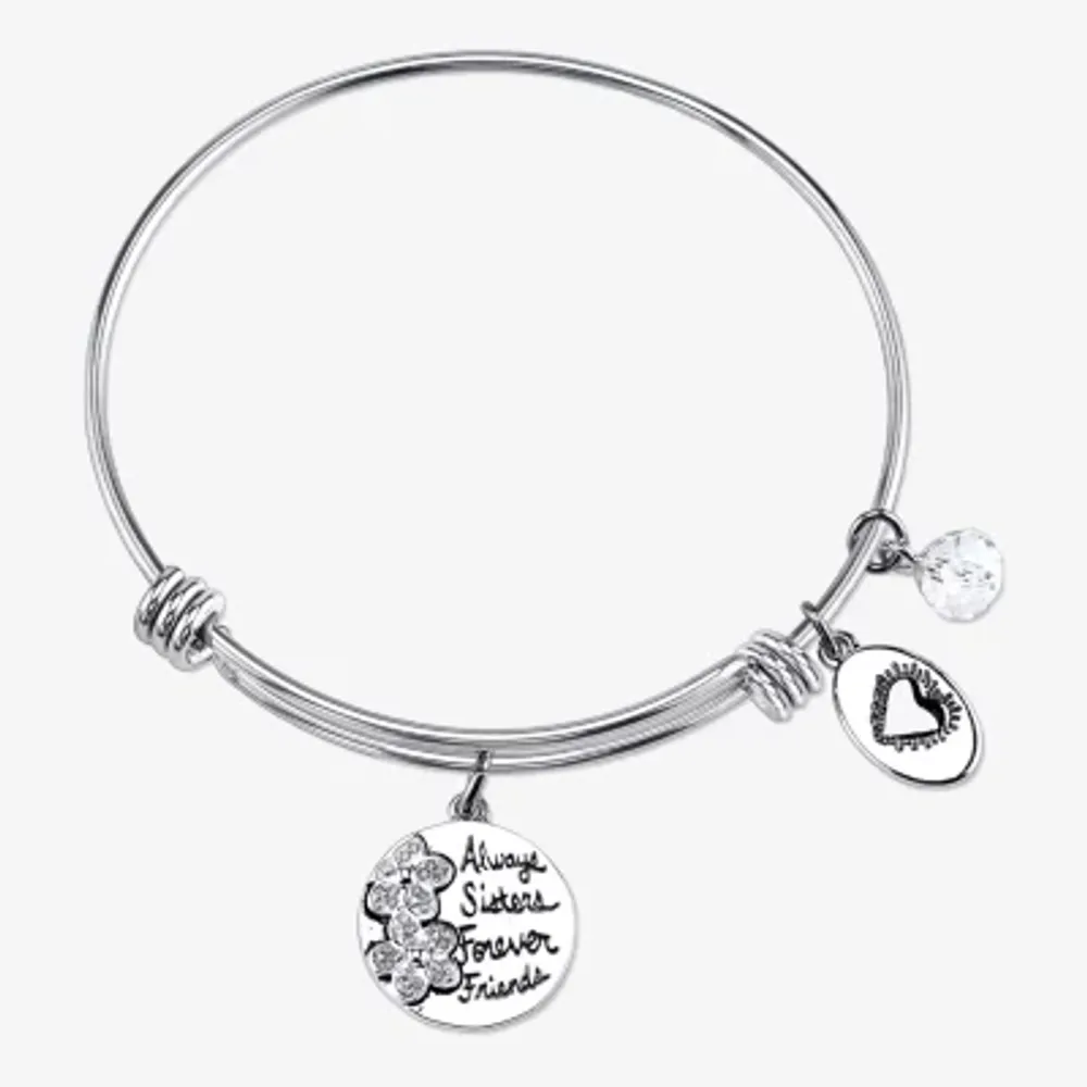 Footnotes Sisters Womens Crystal Stainless Steel Flower Bangle Bracelet