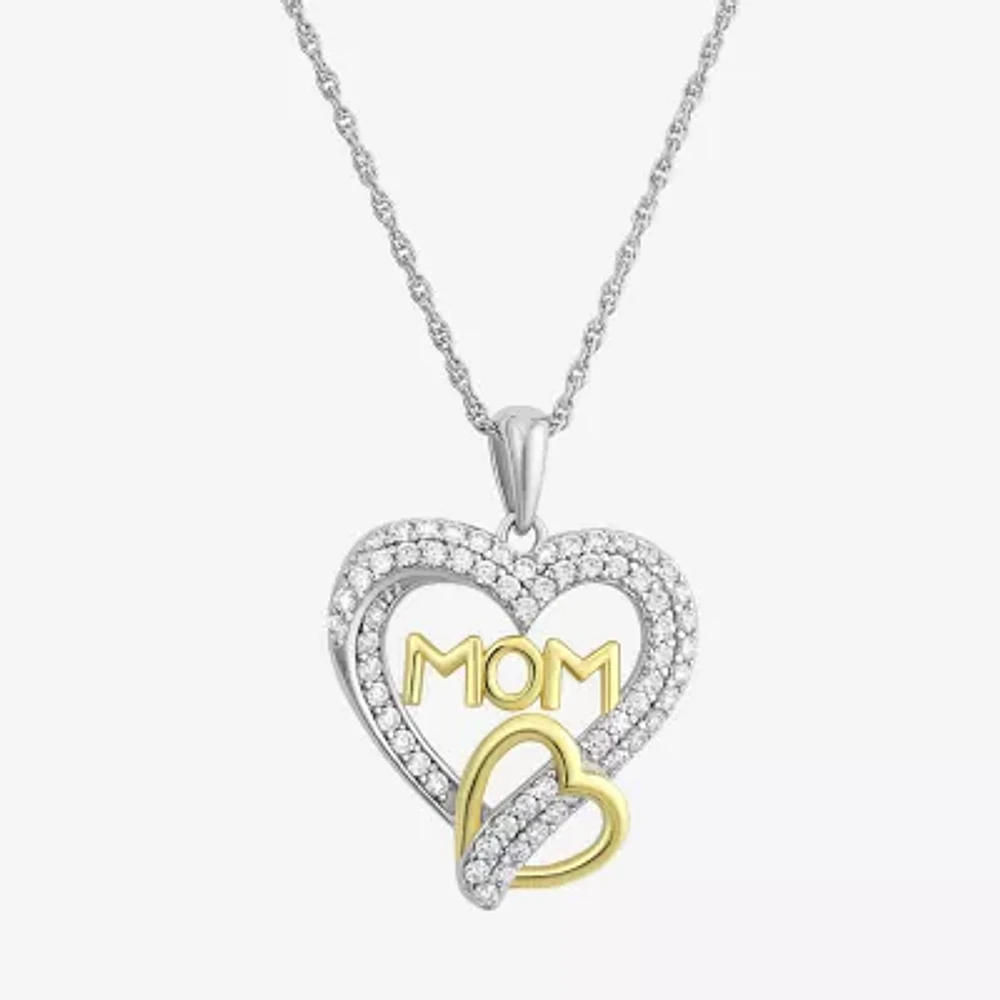 Diamonart "Mom" Womens White Cubic Zirconia Sterling Silver Heart 18 Inch Pendant Necklace