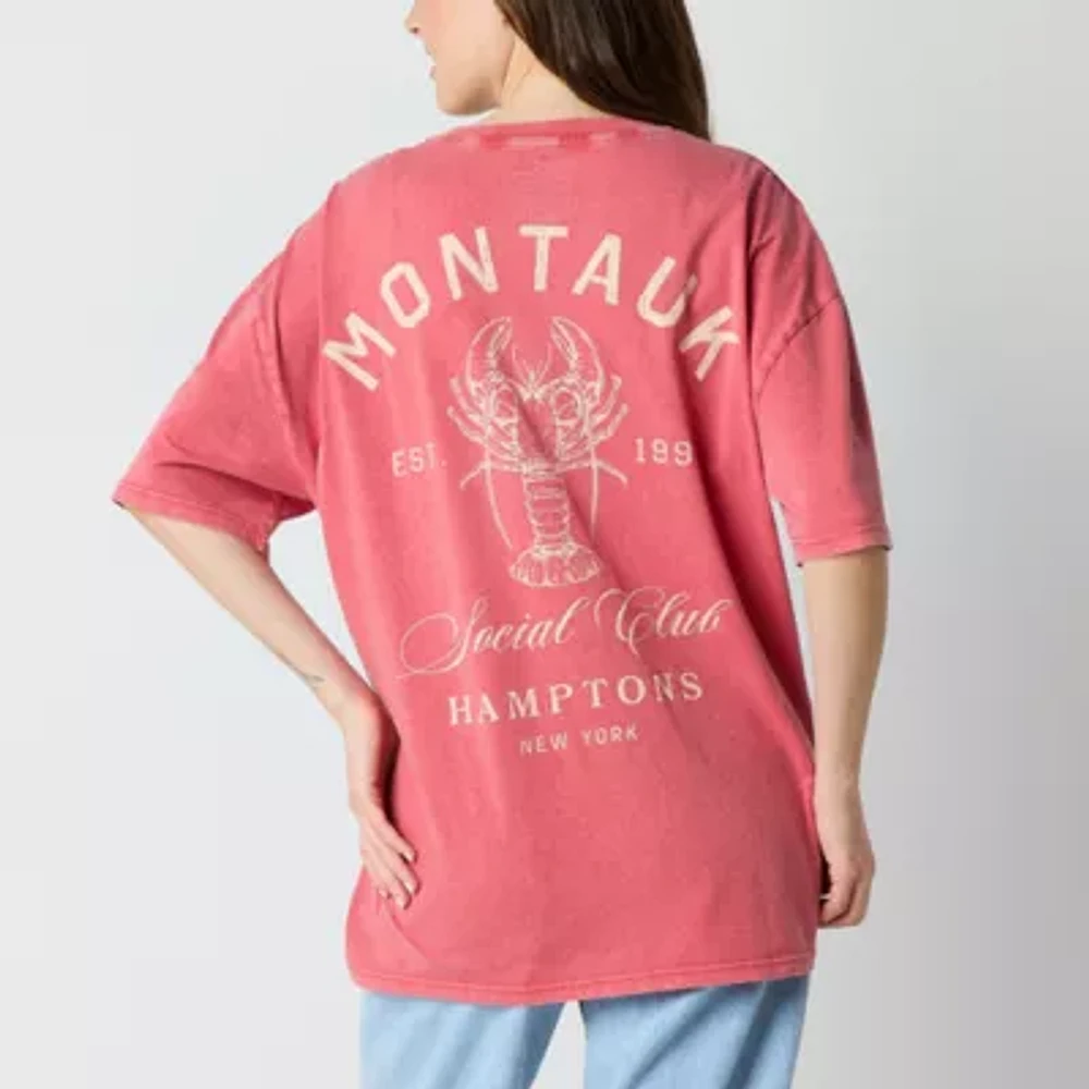 New World Montauk Hamptons Social Club Oversized Tee Womens Crew Neck Short Sleeve Loose Fit Juniors Graphic T-Shirt