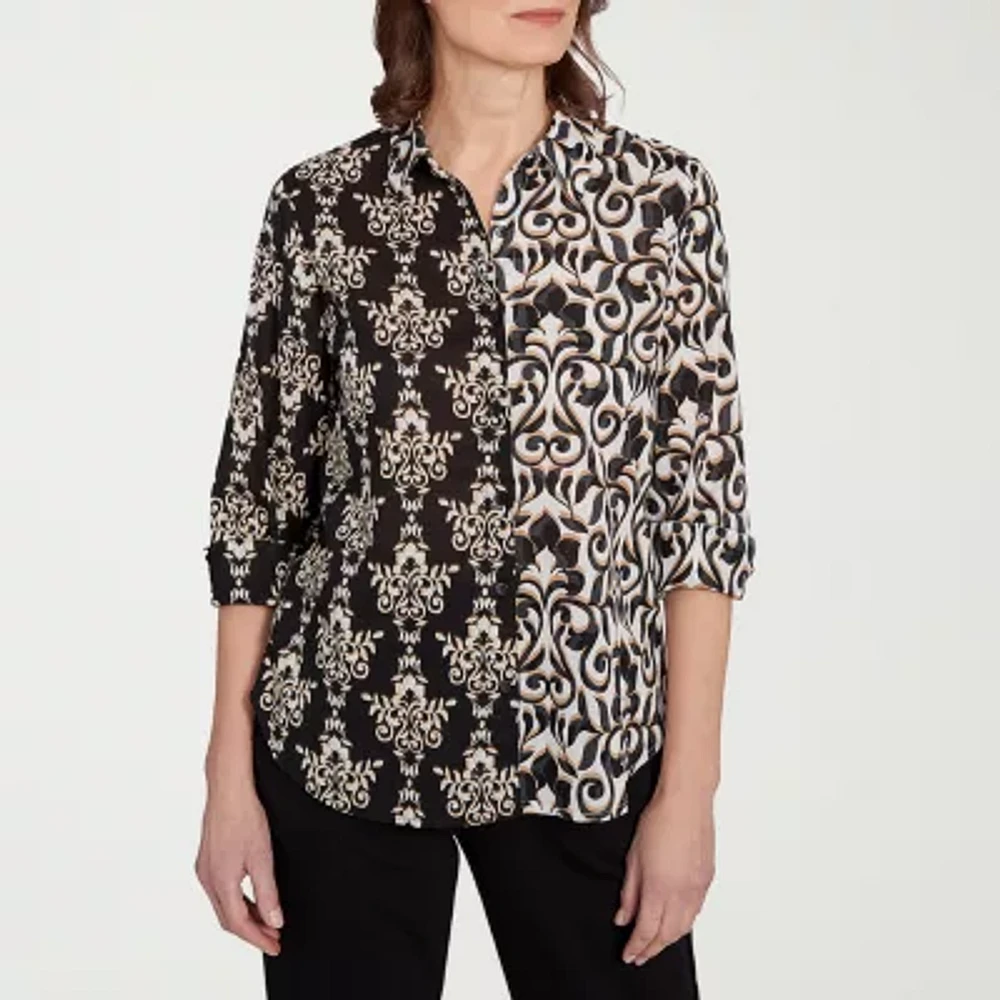Alfred Dunner Natural Instinct Womens 3/4 Sleeve Cuffed Button-Down Shirt