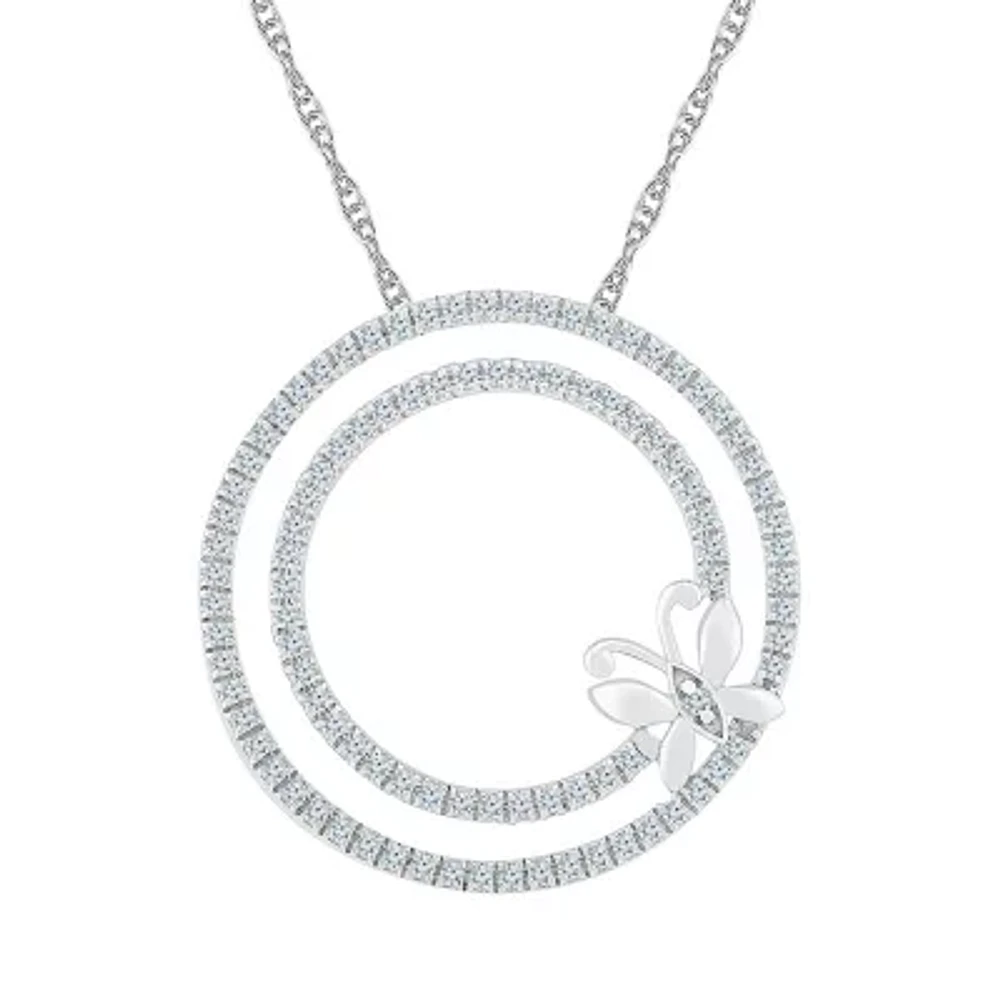 Womens 1/2 CT. T.W. Natural White Diamond 10K White Gold Butterfly Circle 18 Inch Pendant Necklace