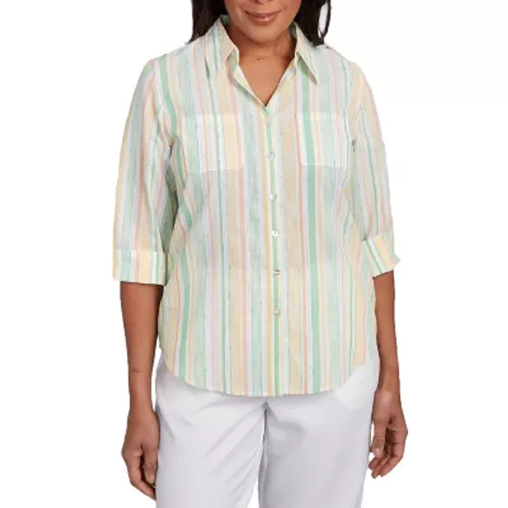 Alfred Dunner Rise And Shine Womens 3/4 Sleeve Cuffed Button-Down Shirt