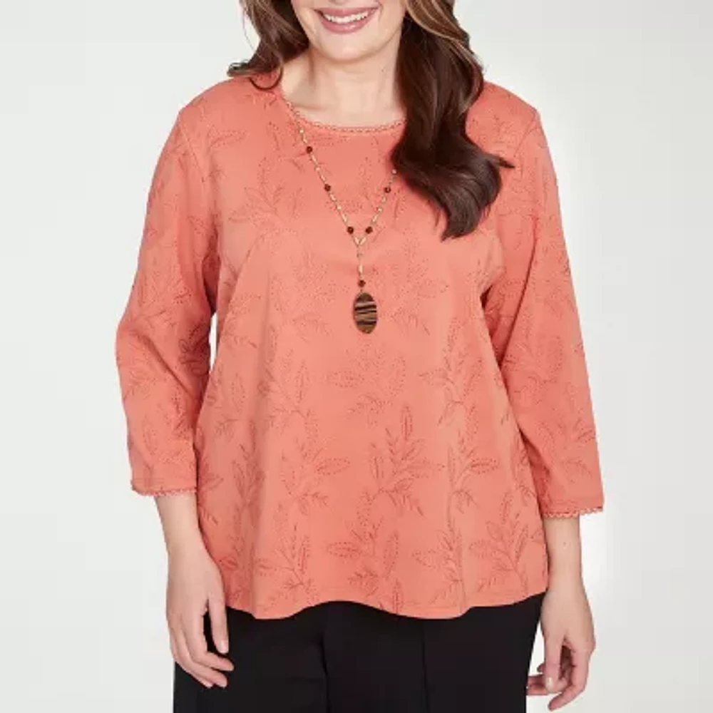 Alfred Dunner Natural Instinct Womens Crew Neck 3/4 Sleeve Roll Tab Embroidered Plus Button-Down Shirt