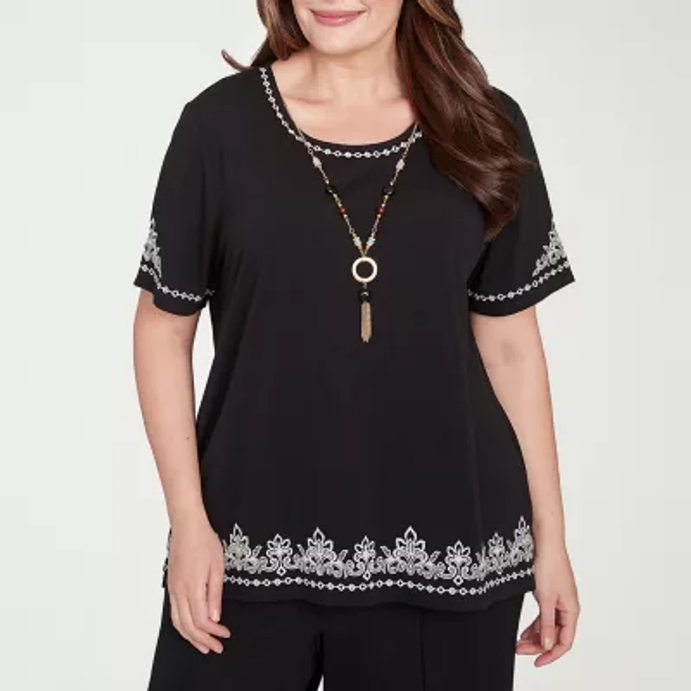 Alfred Dunner Natural Instinct Womens Crew Neck Short Sleeve Stretch Fabric Plus T-Shirt