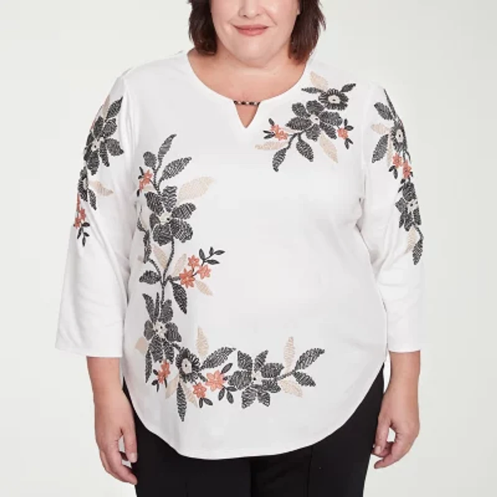 Alfred Dunner Natural Instinct Womens Split Crew Neck 3/4 Sleeve Plus T-Shirt