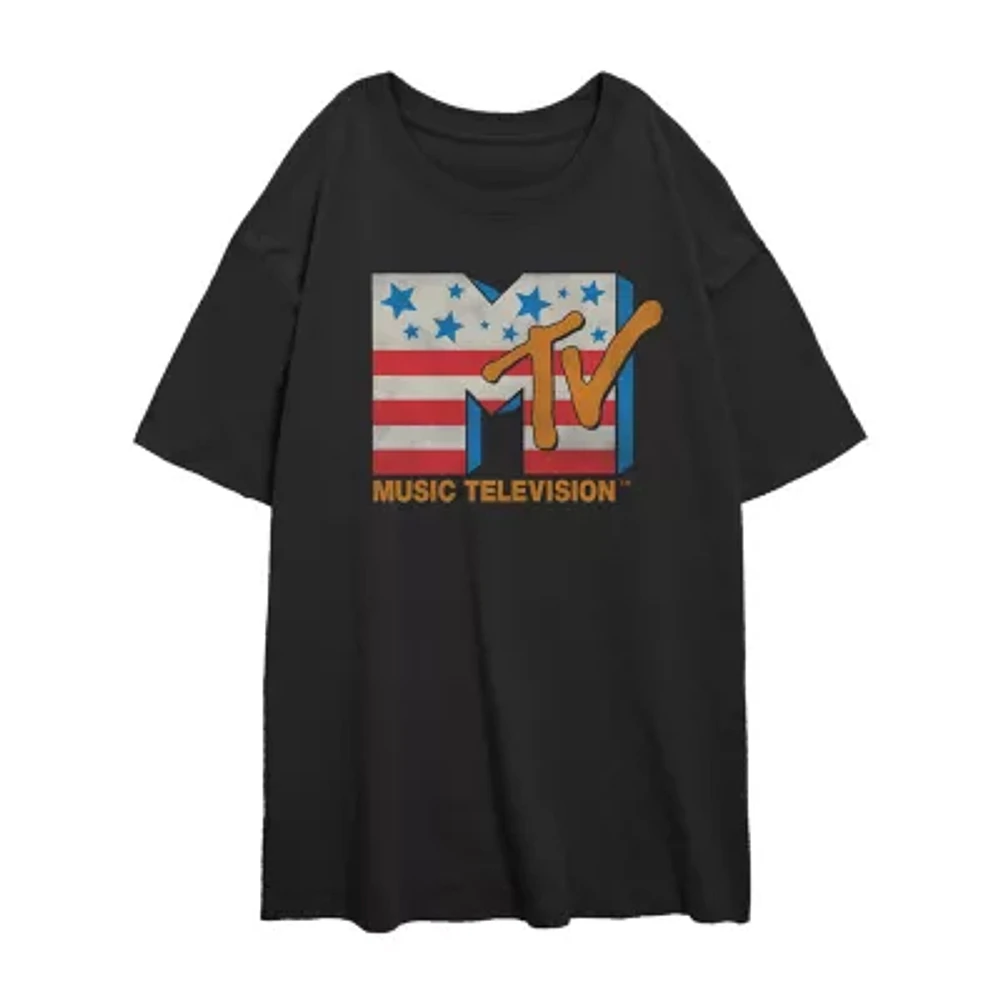 Mtv Stars And Stripes Tee Womens Crew Neck Short Sleeve Regular Fit Juniors Graphic T-Shirt