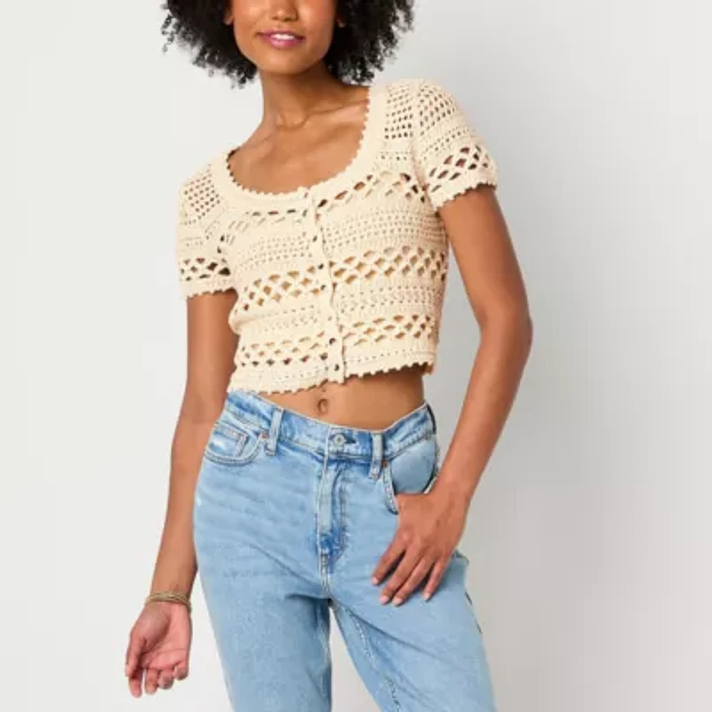 Arizona Womens Scoop Neck Short Sleeve Button Juniors Cardigan